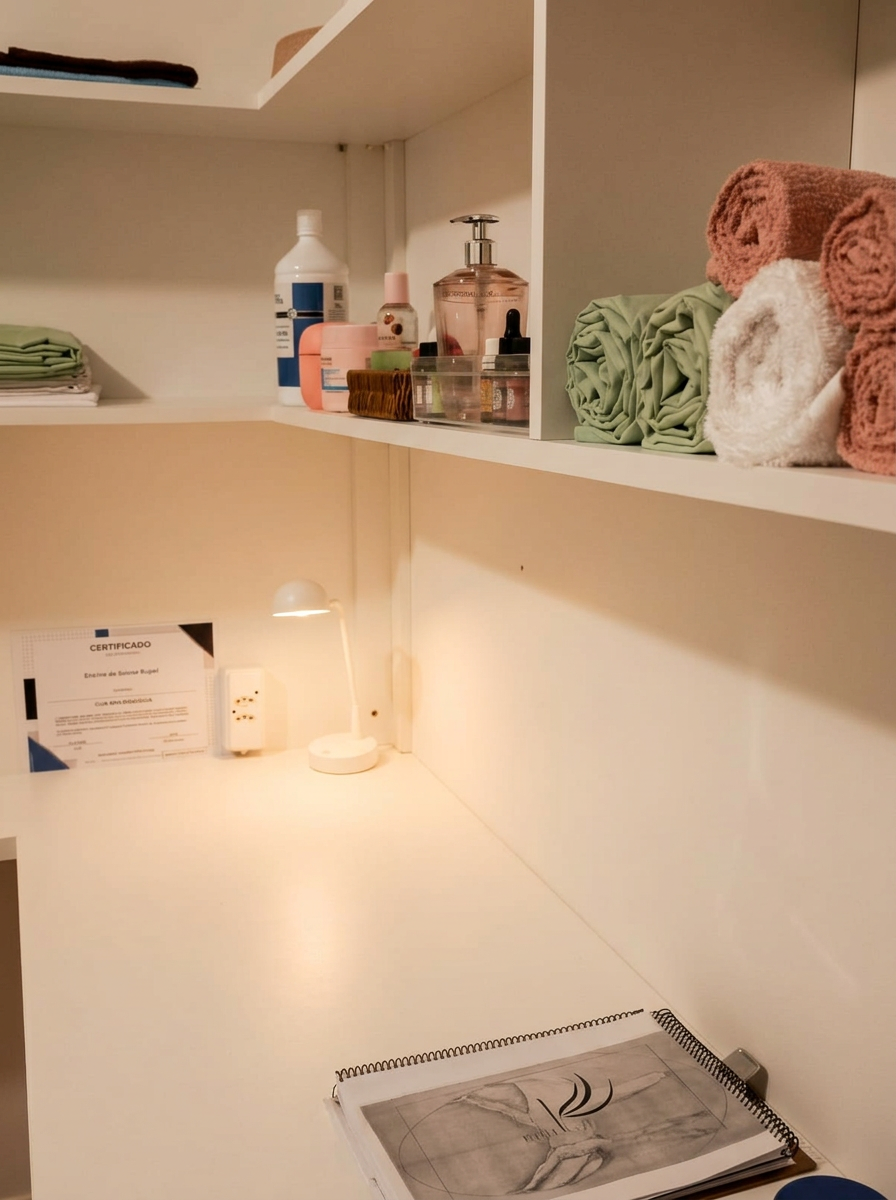 Detalhes do espaço com toalhas e produtos organizados