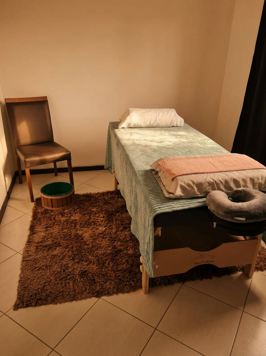 Sala de atendimento aconchegante com maca e tapete